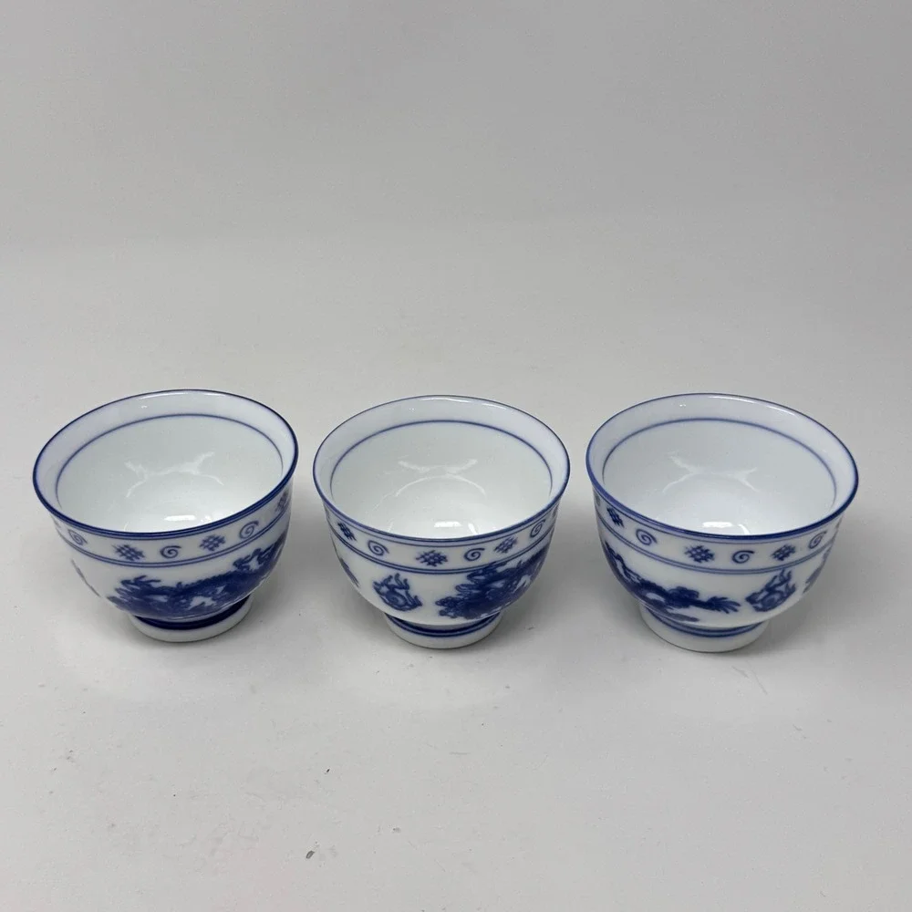 Set of 3 Blue & White Porcelain Dragon Bowls